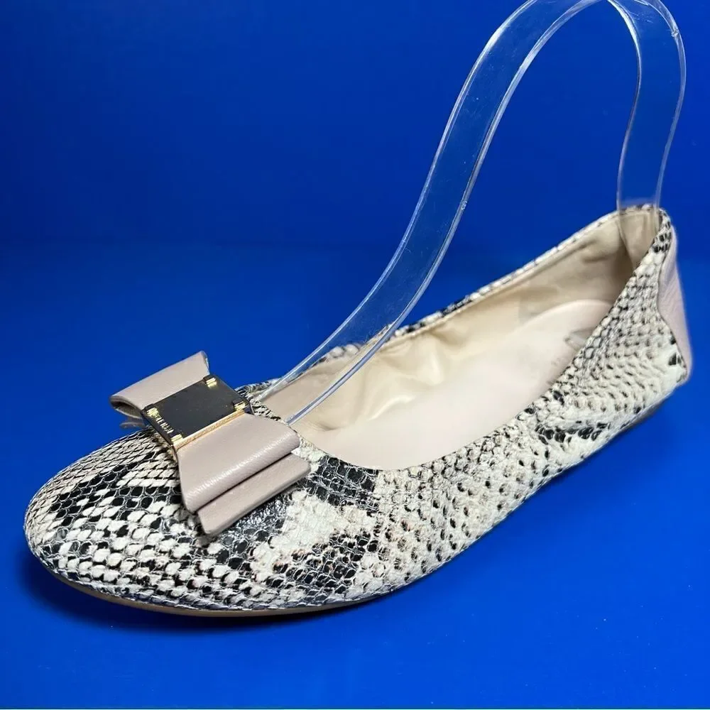 Cole Haan Tali Bow Snake Print Leather Ballet Flats Natural Roccia Womens‎ 6B